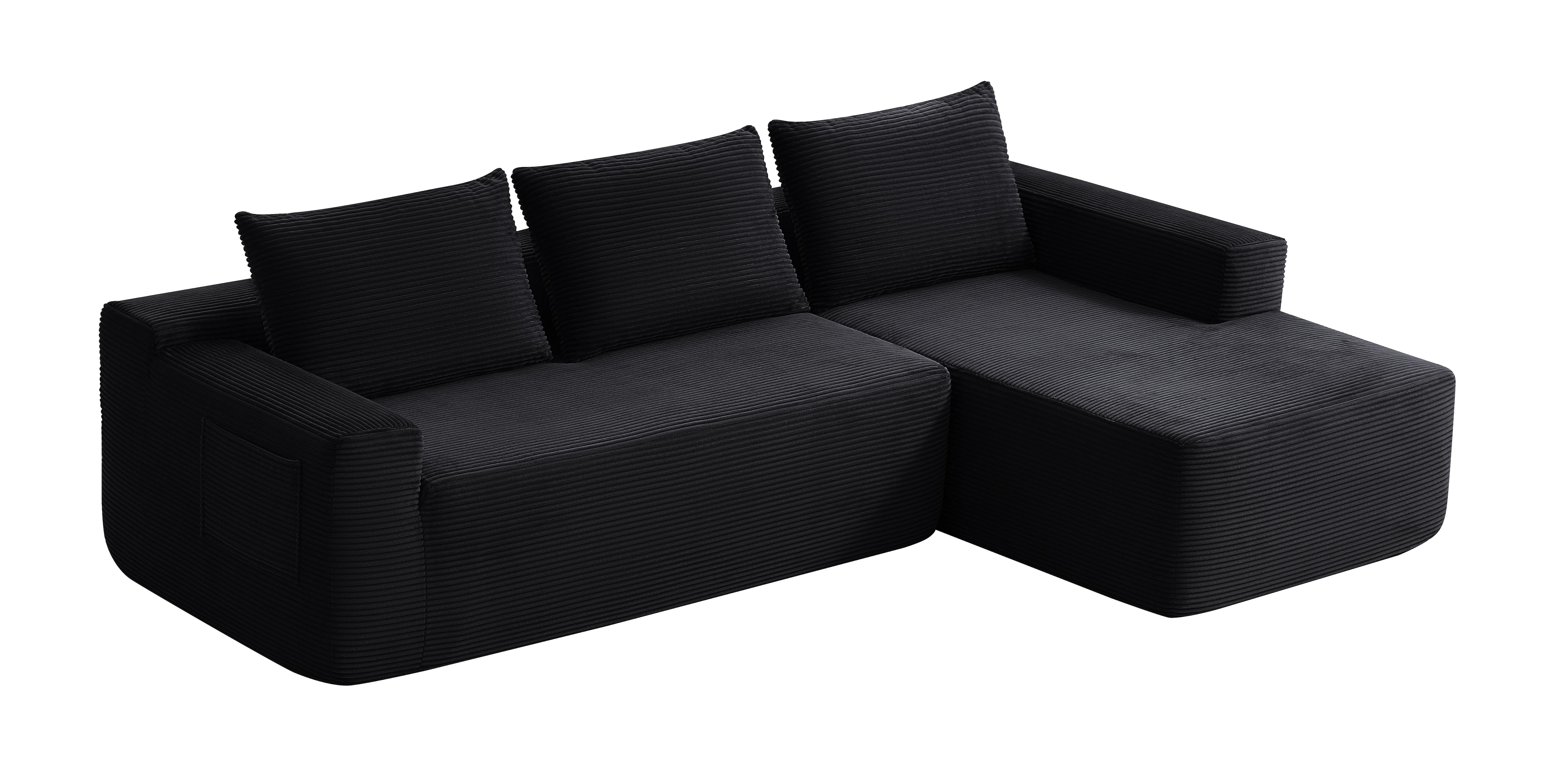 Modern Modular Corduroy Sectional Sofa With L-shaped Chaise Black_voghion.com